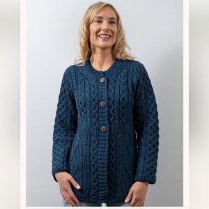 Carraig Dunn Aran Market Sweater MED 100% Merino Wool Ireland fisherman Green